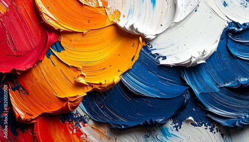 Colorful abstract art background featuring a detailed pattern of realistic impasto paintbrush strokes with a visible dried texture
