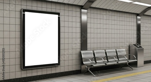 Fototapeta Naklejka Na Ścianę i Meble -  Blank advertising billboard mockup in subway station with bench and ticket machine