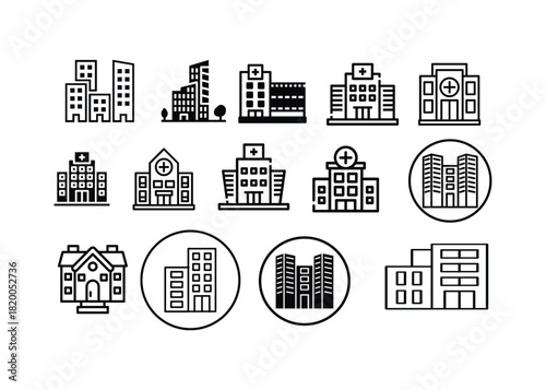Collection of diverse vector line art building icons, showcasing abstract urban architecture, modern cityscapes, hospitals, and residential structures for digital design projects