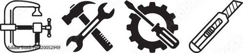 Monochromatic Set of Flat Design Hand Tools and Equipment Vector Icons