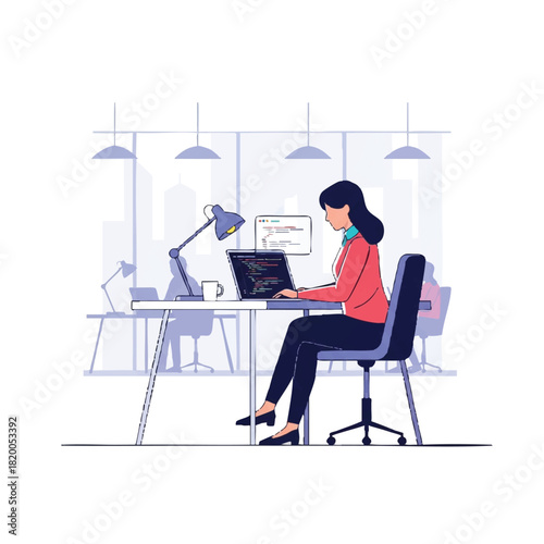 A woman sits at a desk working on a laptop in a modern office setting with a lamp and chair.