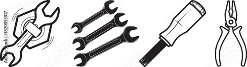 Black and White Vector Icons of Hand Tools for Repair and Construction