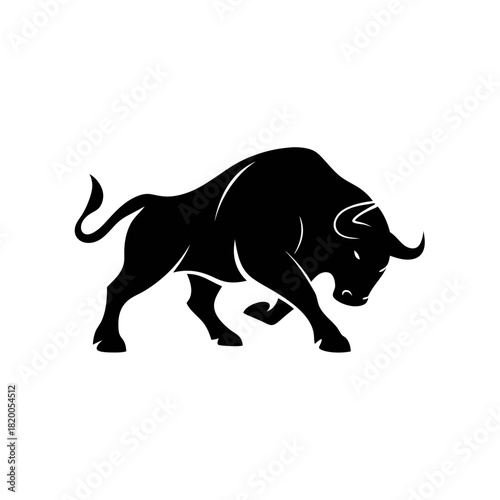 A powerful black bull with curved horns in a charging stance, depicted in a minimalist, graphic style.