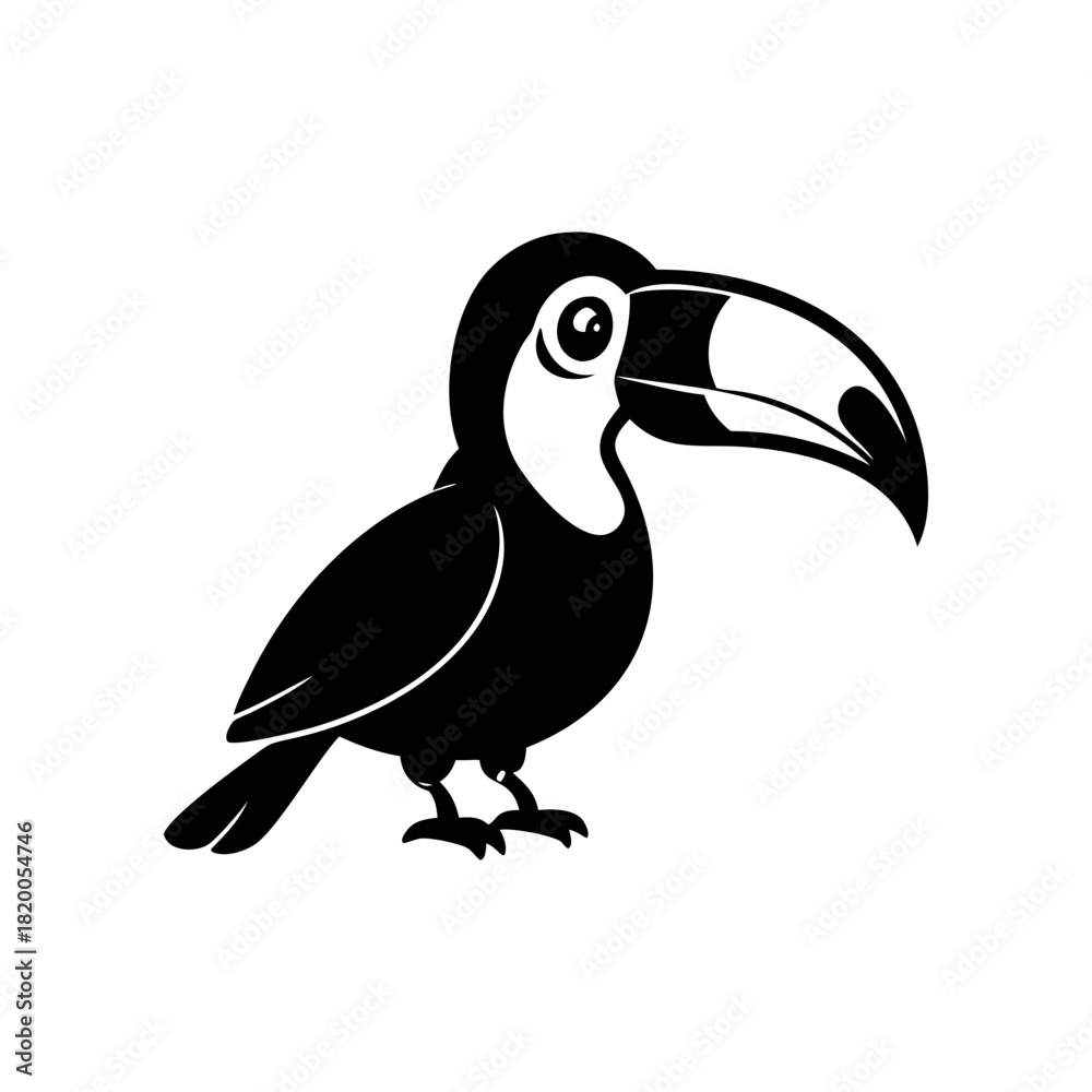 Naklejka premium Stylized black and white illustration of a toucan bird with a large beak, facing right, on a white background.