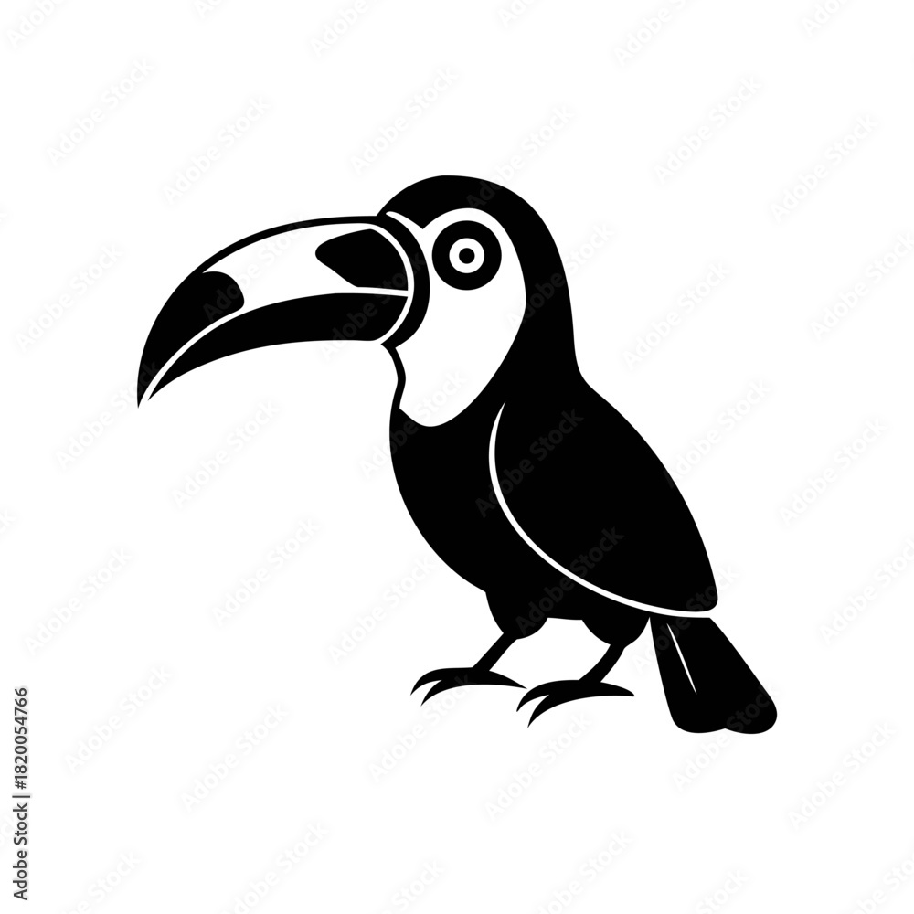 Naklejka premium Black and white illustration of a toucan bird with a large beak, standing on its feet.