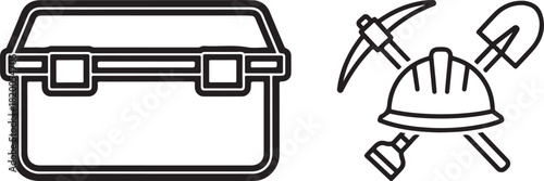 Vector Outline Icons of Construction Toolbox and Mining Equipment