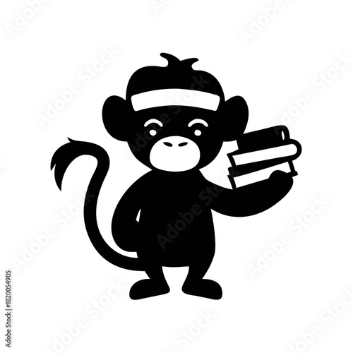 A cartoon monkey with a headband holding a stack of books in its hand, depicted in a black and white silhouette.