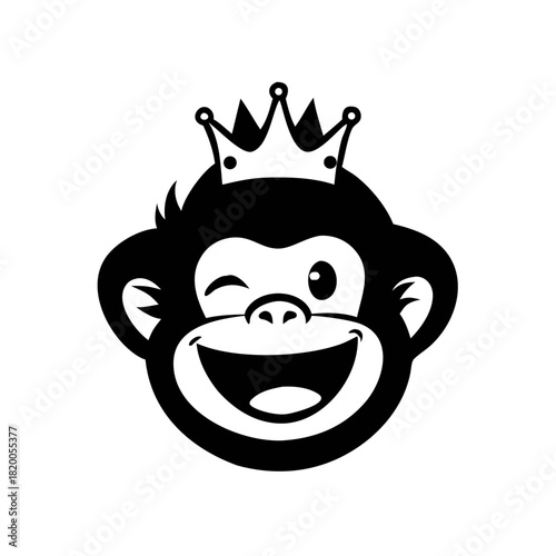 Black and white illustration of a winking monkey wearing a crown, with a big smile and expressive features.