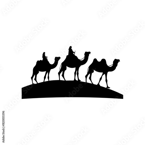 Silhouette of three camels with riders traversing a dune, depicted in black against a white background.