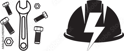 Black and White Vector Icons of Mechanical Tools and Electrical Worker Safety