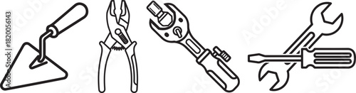 Vector Line Art Icons of Hand and Construction Tools