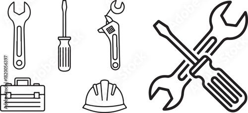 Line Art Construction and Repair Tools Vector Icons Set on White