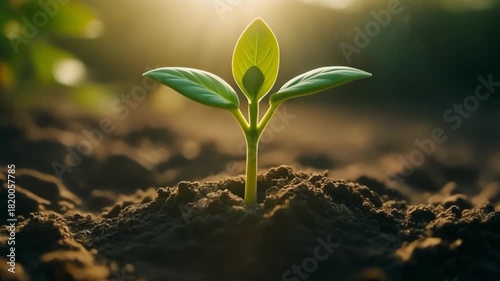 Small green seedling sprouting from fertile soil at sunrise.