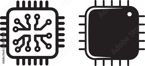 Minimalist Black and White Computer Chip Icons, Electronic Component Graphic