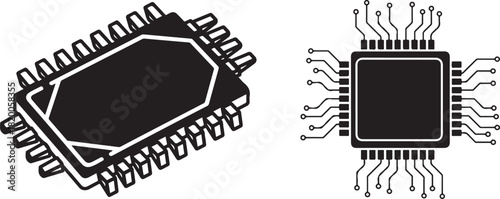 Flat Design Vector Icons of Microchips and Processors