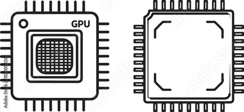Minimalist Line Art Icons of Microchips and Computer Processors
