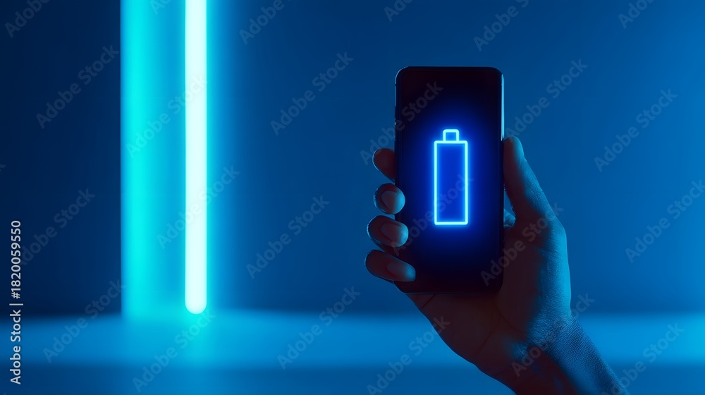 Fototapeta premium Hand holding smartphone with battery icon in blue neon light.
