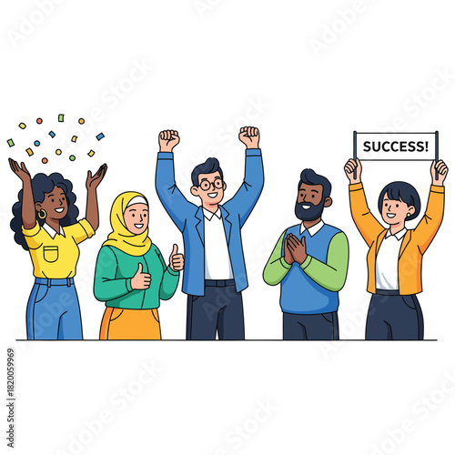 Diverse team celebrates business success with confetti and a success banner