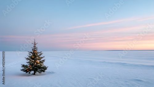 Christmas Tree Sparkles in Winter Landscape A Serene Holiday Scene with a Festive Tree under a Peaceful Blue Sky at Dusk