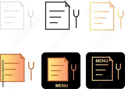 Modern flat and minimalist restaurant menu icon set with fork and knife symbols, offering various color styles for digital design and dining applications