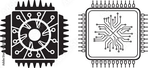 Modern Black and White Electronic Chips: CPU and Integrated Circuit Icons