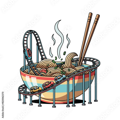 Amusement park ride with colorful roller coaster and steaming donuts in a bowl with chopsticks