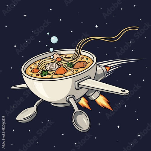 A whimsical illustration of a bowl of soup with a spoon and fork as rocket boosters, floating in space with stars and planets in the background
