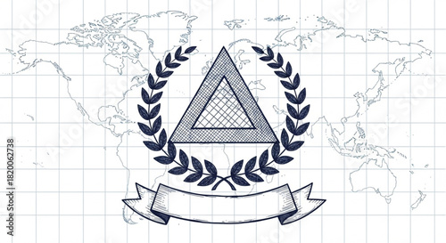 World Civil Defence Day Global Award Emblem with Laurel Wreath and Banner on World Map Background