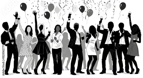 Party celebration vector illustration. Group of friends having fun at a Christmas and New Year's Eve party . Office colleague are celebrating Christmas and New year party with champagne.
