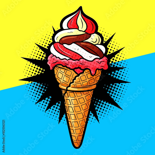 A vibrant comicstyle illustration of a melting ice cream cone with colorful toppings and dynamic burst effect