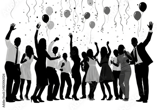 Party celebration vector illustration. Group of friends having fun at a Christmas and New Year's Eve party . Office colleague are celebrating Christmas and New year party with champagne.