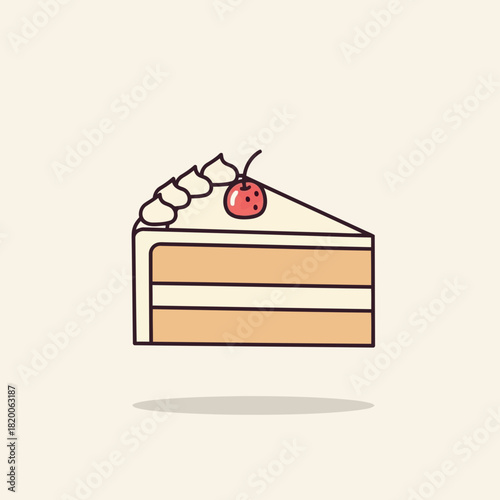 Slice of cake with whipped cream and cherry on top isolated on