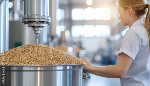 Young blonde technician monitors a large mound of light brown pellets in stainless steel production machinery