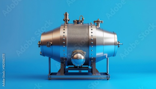 Highly detailed industrial metal pressure vessel or reactor on a stand against a solid blue background