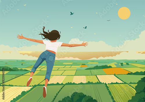 Woman Flying Over Lush Agricultural Farmland Fields in Sunlight