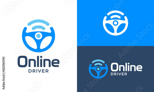Online driver logo design template illustration. Steering wheel concept vector design with Signal WIFI symbol graphic icon