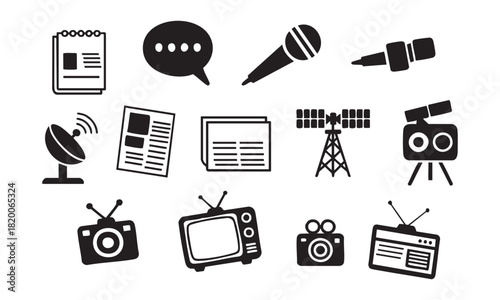 Vector silhouette news media icons pack, including TV, radio, newspapers, magazines, news, interviews, broadcasting, press, journalism symbols