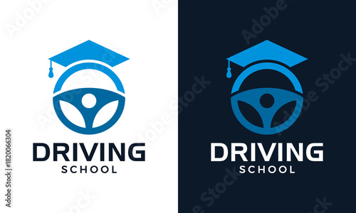 Driving school logo design template illustration. Steering wheel concept vector design with Graduate hat symbol graphic icon