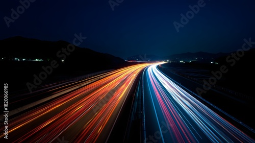 Long Exposure Light Trails on a Highway at Night.