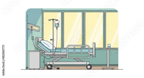 Hospital Bed in Empty Patient Room with Medical Equipment and Large Windows
