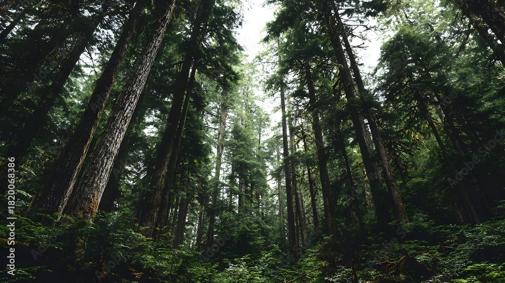 Obraz premium Lush green forest with tall trees reaching towards the sky, creating a serene and natural environment.
