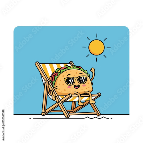Cartoon avocado relaxing on a beach chair under the sun, enjoying a summer vacation