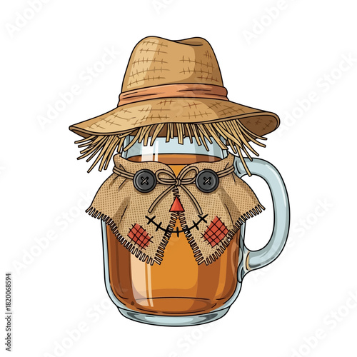 Scary scarecrow face with straw hat and goggles in a glass mug