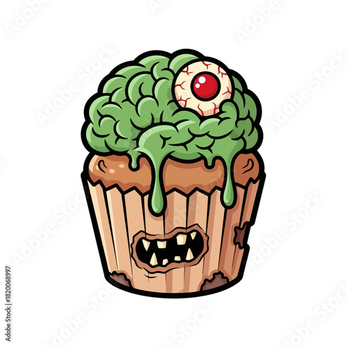 Cute cartoon zombie cupcake with green brain frosting, red eye, and a smiling face