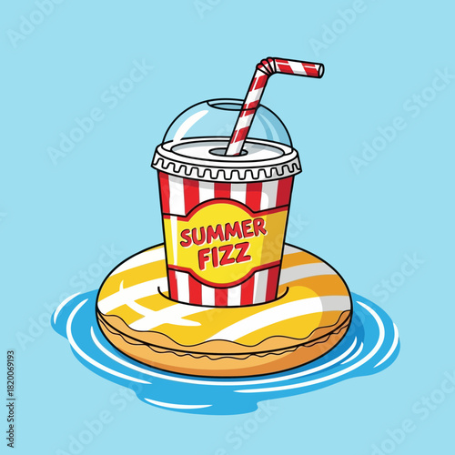 A refreshing summer fizz drink in a striped cup with a straw floating on a yellow donut in blue water