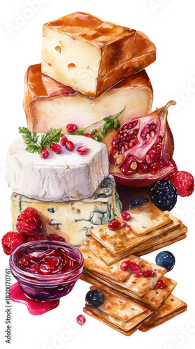 Watercolor watercolor painting of a cheese platter with crackers, jam, and fruit