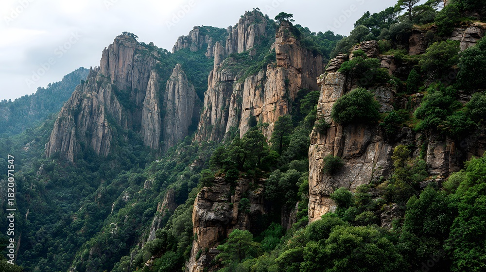 Fototapeta premium Majestic Green Mountains and Towering Rock Formations Under a Cloudy Sky.