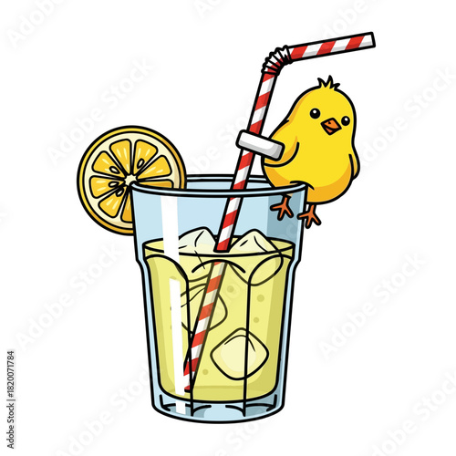 A cute cartoon yellow bird sitting on the rim of a glass filled with lemonade and a lemon slice, with a striped straw