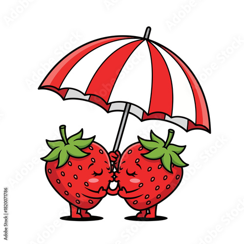 Two strawberries holding a red and white striped umbrella, cartoon illustration of friendly fruit characters