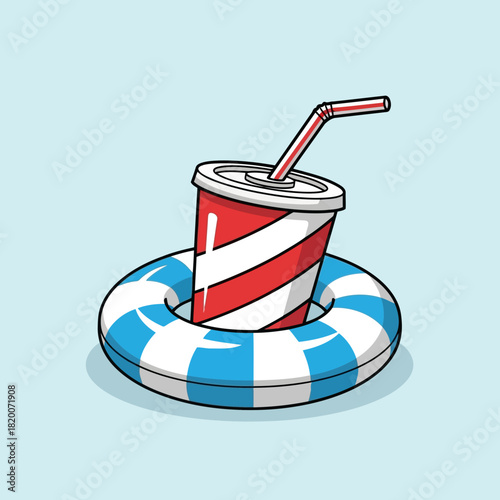 A red and white striped cup with a straw floating on a blue and white inflatable raft